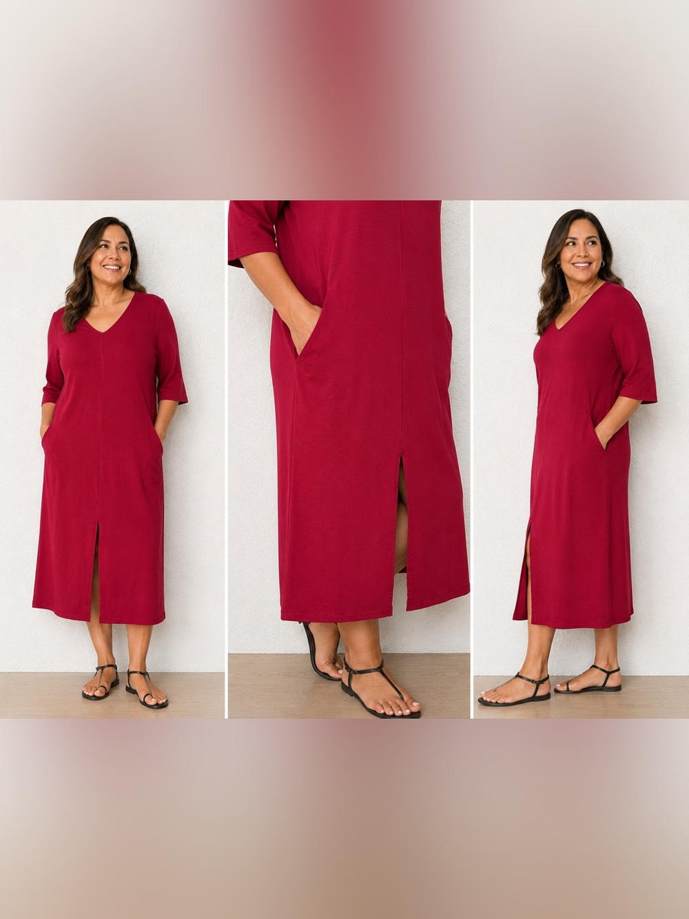 Eileen Fisher Organic cotton Maroon-Berry Midi Dress with Front Slit S